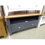 Large blue painted oak top corner TV audio unit with shelf and drawer (6)