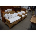 Bent cane and wicker 2 seater conservatory sofa and pair of matching armchairs