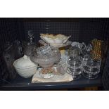 Cage containing glass sundae dishes, plus china and a decanter