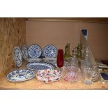 Collection of decanters and jugs plus blue and white china plates Crack to one decanter, stopper