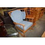 Beech framed rocking chair (see soft furnishing policy) Solid - Fair condition