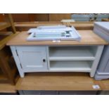 5048 - Small white painted oak TV audio unit with single cupboard and 2 shelves under (56)