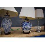 2 blue and white table lamps and brushed metal lamp