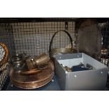 Cage containing a silver plated serving tray, quantity of loose cutlery, napkin rings, preserve pan,