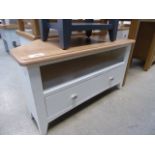 Cream painted oak top corner TV audio unit with shelf and single drawer (9)