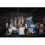 Cage containing Lladro-style figures, blue & white china, candlesticks and glassware