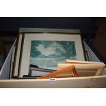 Box containing a quantity of picture and photo frames, plus various rural prints