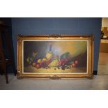 (20) Dutch style still life depicting a lobster, pheasant and fruit, signed ? Mollam