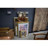 Stack of modern pictures and prints and 2 rectangular wall mirrors