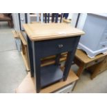 Blue painted oak top lamp table with single drawer and shelf