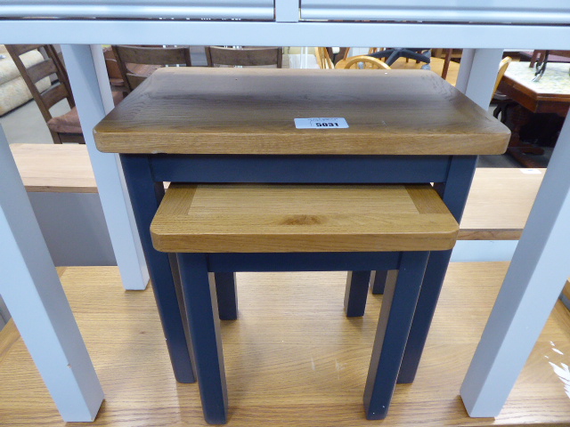 Nest of 2 blue painted oak top tables (9)