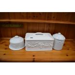 White glazed ceramic bread bin with cheese dish and biscuit barrel