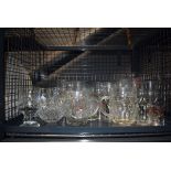 2 cages containing a quantity of beer mugs, wine and sherry glasses, plus vases