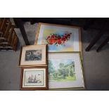 4 prints to incl. sailing ship, huntsman with hounds and pheasant, David Green St Andrews church,