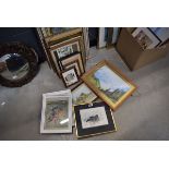 Stack of various pictures and prints including a watercolour of a pigeon, various landscapes, etc