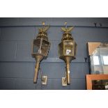 (21) 2 brass wall lanterns with eagle finials