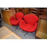 Pair of contemporary red fabric 'Swan' style chairs after Arne Jacobsen Clean - Fair condition