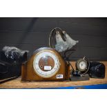 Dome top 1950s mantle clock, pair of binoculars, 2 branch table lamp plus cameras