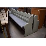 Pale green and brown painted pew length approx. 235cm