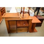 Oak double door cabinet, tile top lamp table, circular tripod side table and teak stand