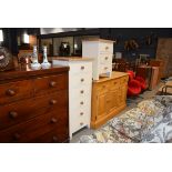 Modern pine finished and cream painted narrow chest of 6 drawers together with matching 3 drawers