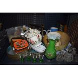 Cage containing sherry glasses, vintage tins, teapot, blue & white plates, fish forks and sauce