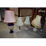 Doulton Lambeth table lamp, flora pottery table lamp and pair of brass finish lamps