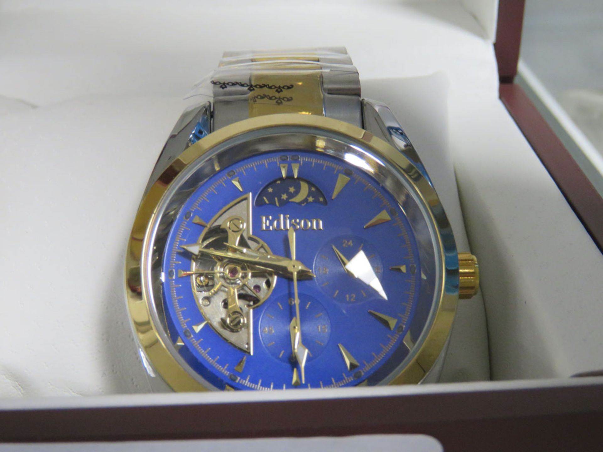 Edison stainless steel strap automatic moon phase dial watch with box - Image 2 of 2