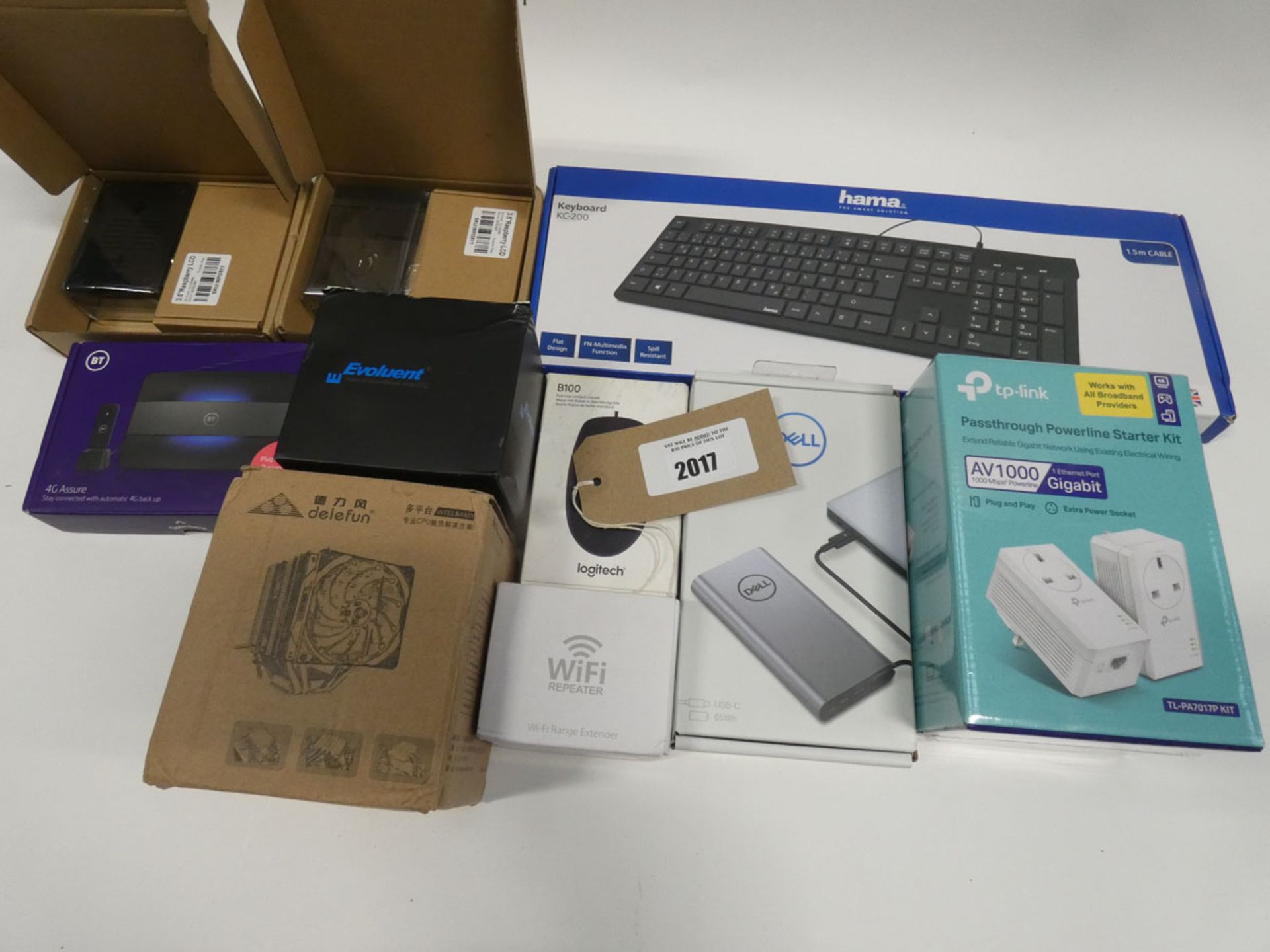 Bag containing Raspberry Pi kits, Hama keyboard, TP-Link wireless extender, BT 4G Assure dongle,