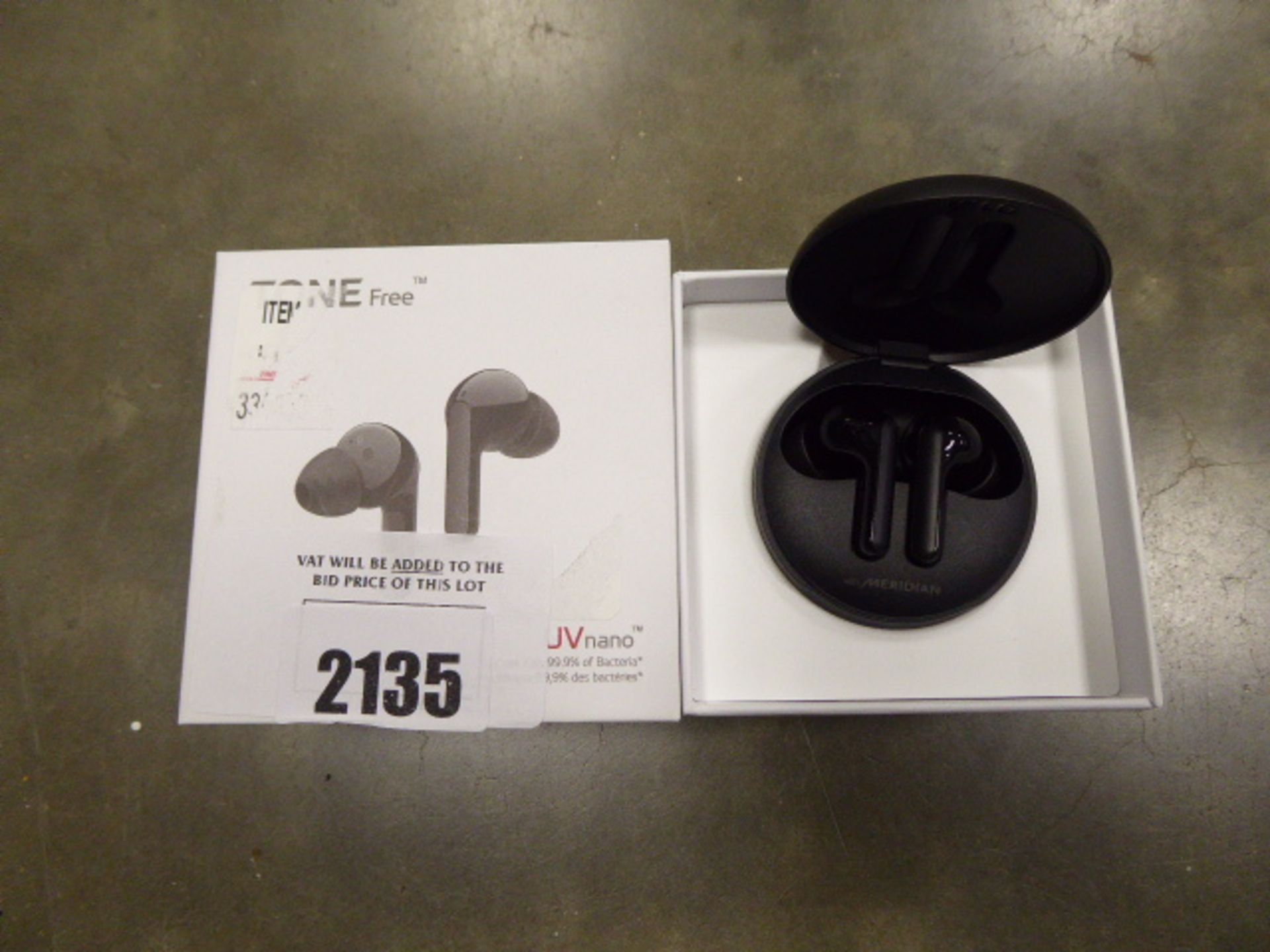 LG UV Nano tone free wireless earbuds with charging case and box