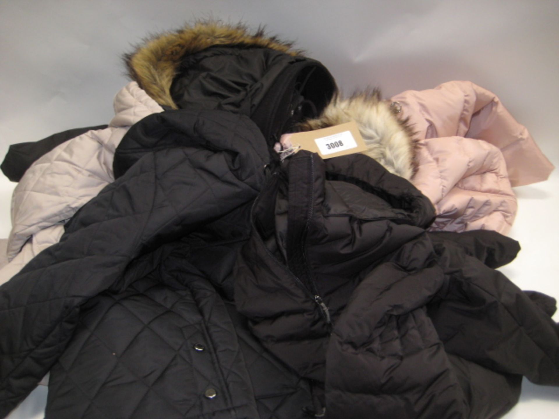 Five various quilted Parker style coats by Weatherproof, 42 Degree Heat, and Andrew Mark in