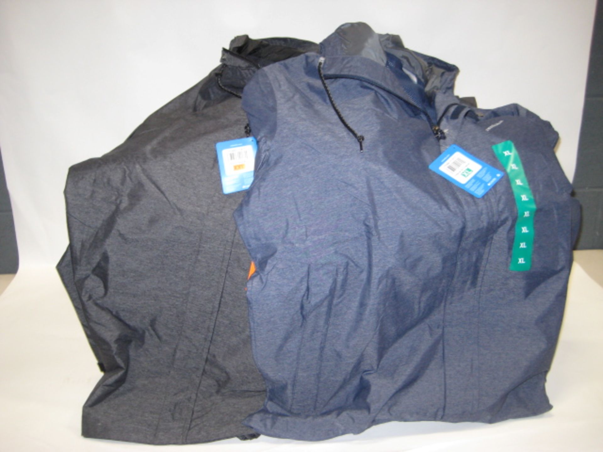 Box containing 20 Columbia light weight hooded rain jackets in grey and blue