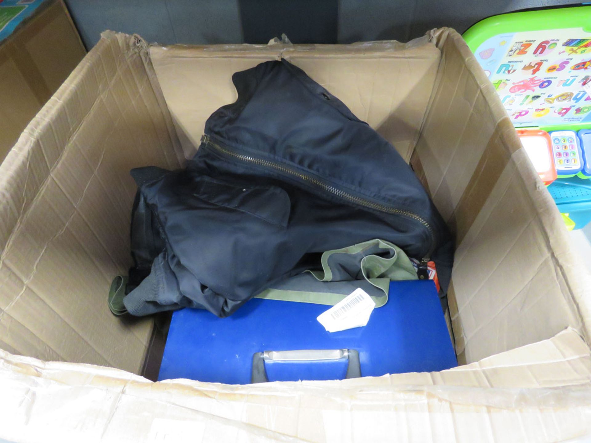 Box containing assorted military tops, storage box, jacket