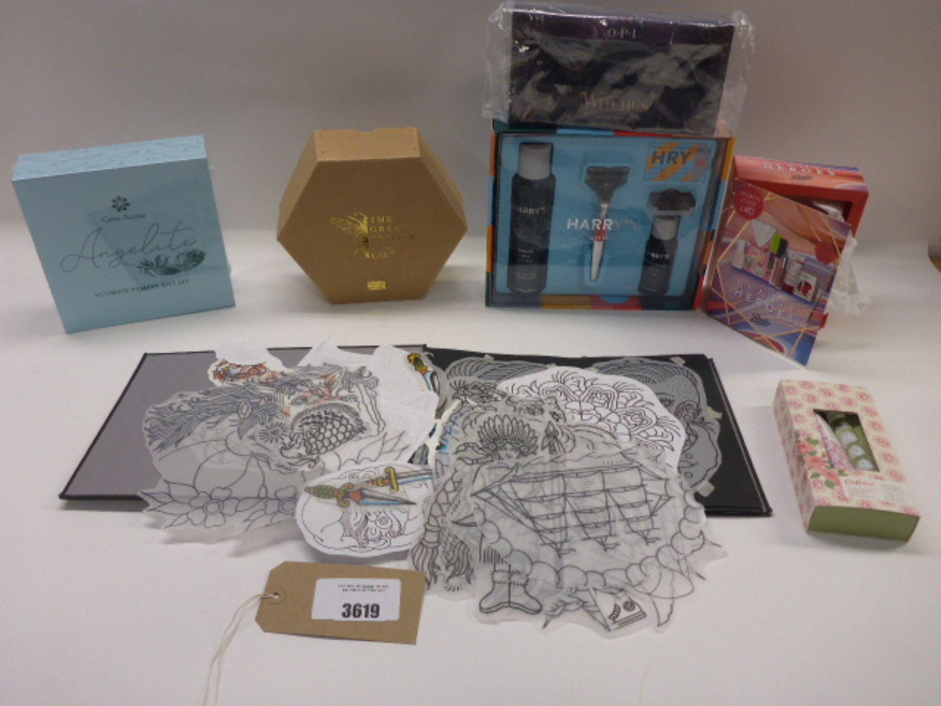 Harry's, Gem Auras, OPI, Great British Bee Co gift box sets and book of Tattoo stencils