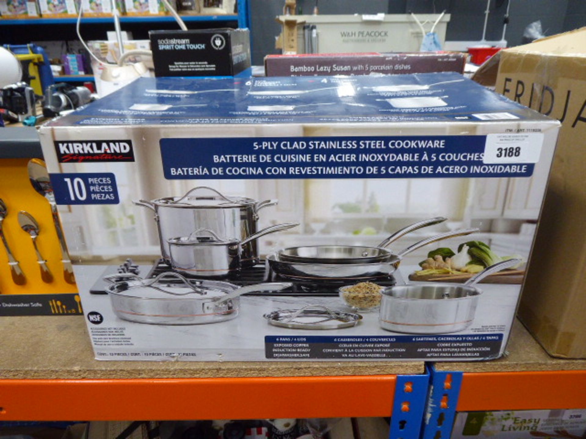 Boxed Kirkland stainless steel cookware set (used pots)