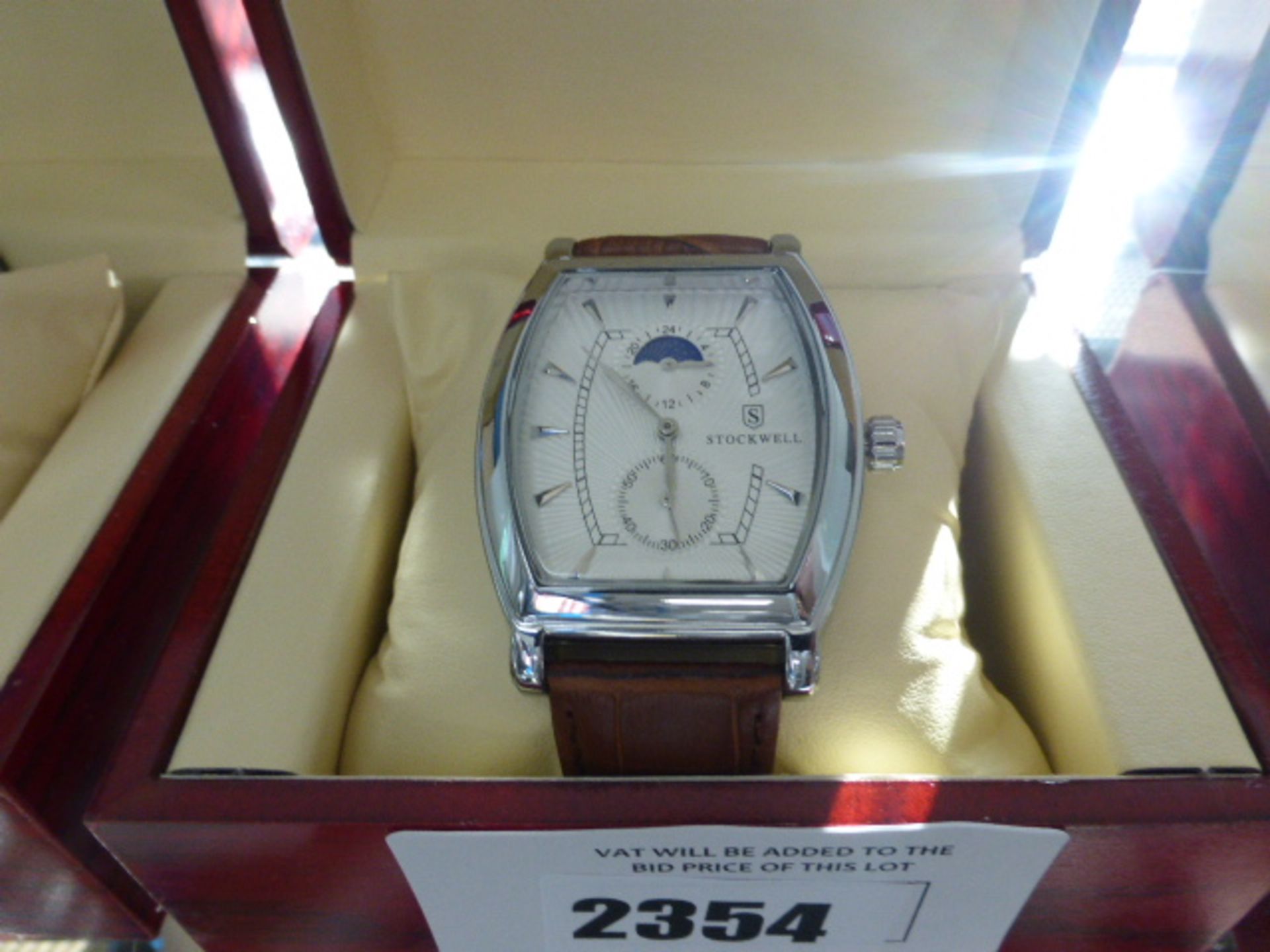 Stockwell Gents Moonphase brown leather strap wristwatch with box