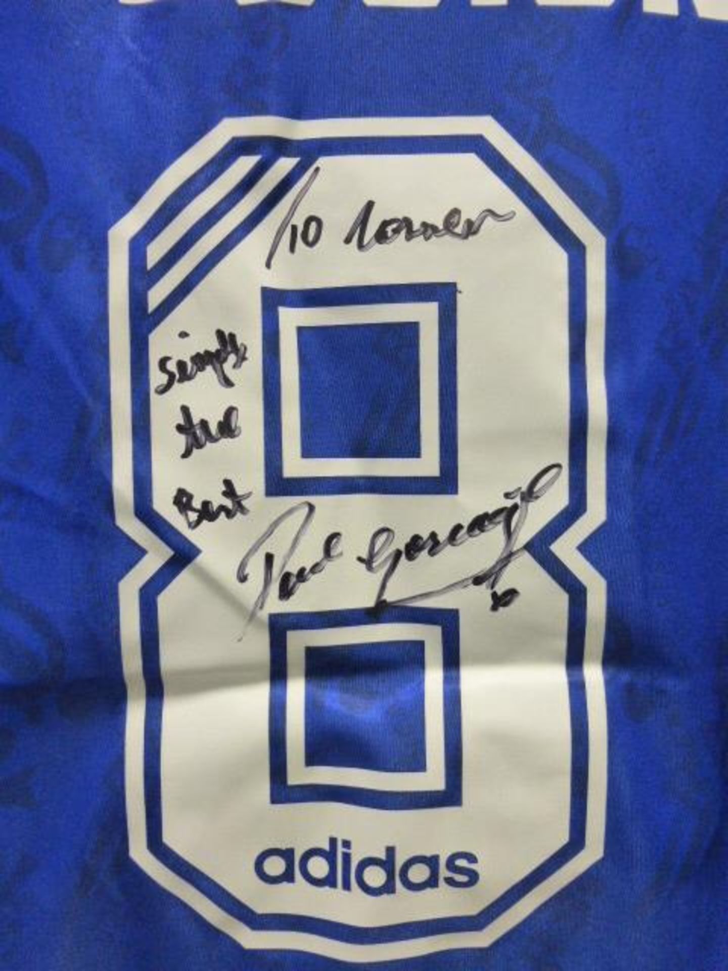 Adidas Rangers t-shirt bearing the name Paul Gascoigne with personal message (signed, unverified) - Image 3 of 3