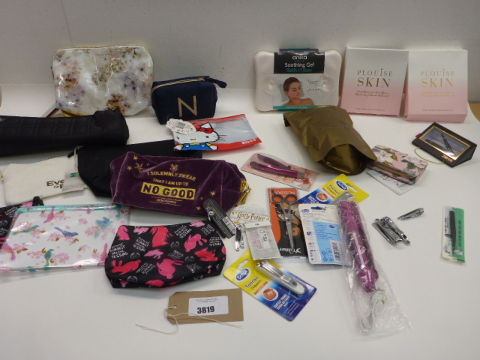 Ted Baker & other makeup bags, P Louise cleansing cloths, nail clippers, tweezers, bath pillow etc