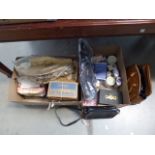 2 boxes containing handbags, a petty cash box, wine glasses and a painted shelf