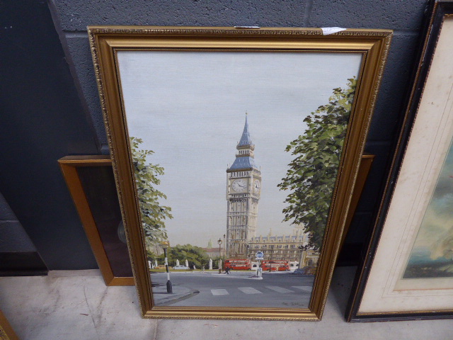 Painted magazine rack plus a qty of paintings to inc. lady with spaniel, Big Ben (St Stephens Tower) - Image 3 of 4