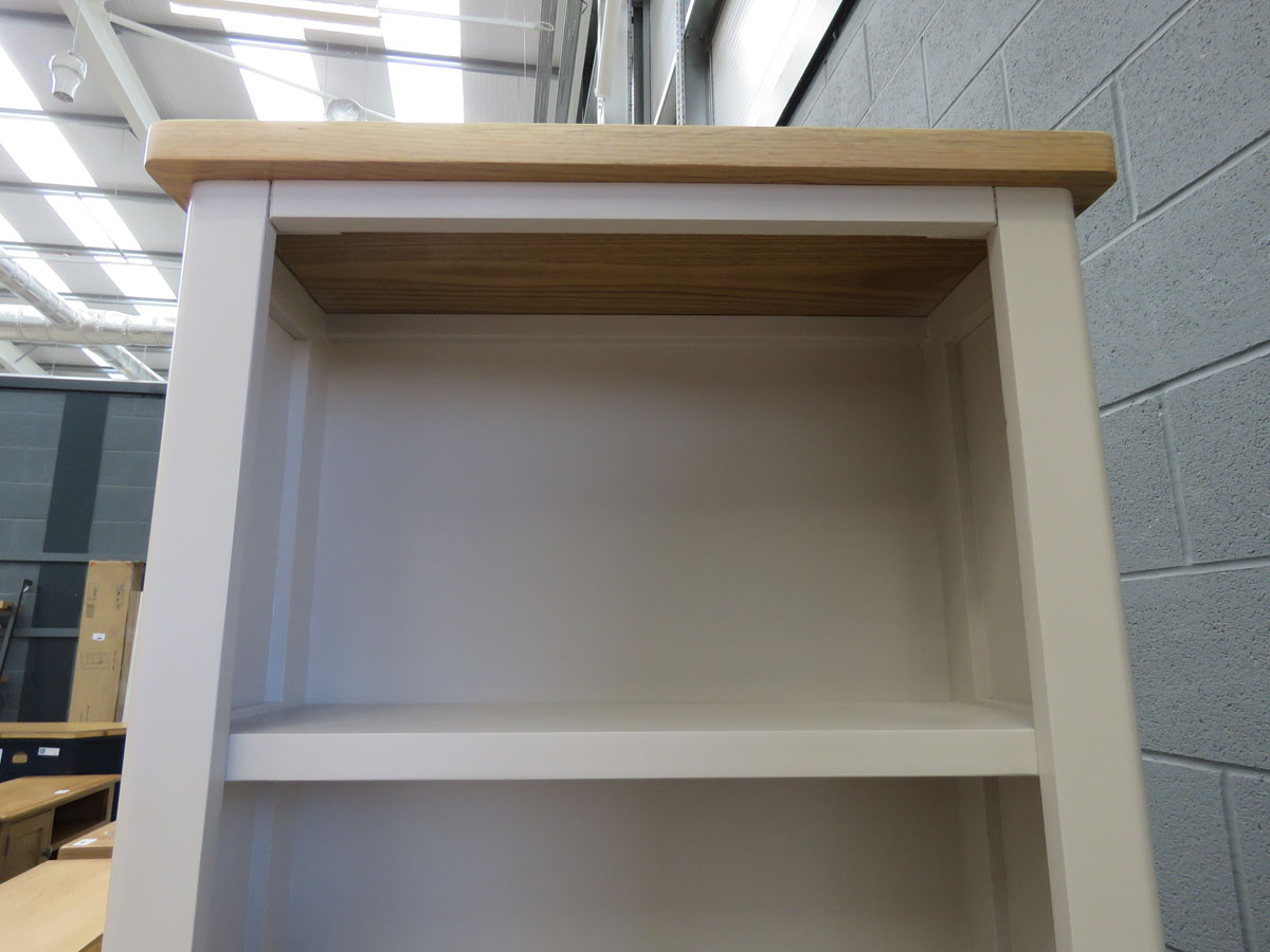 Grey painted narrow tall open front bookcase with oak top (155) Small chip on top right W: 60cm H: - Image 2 of 4