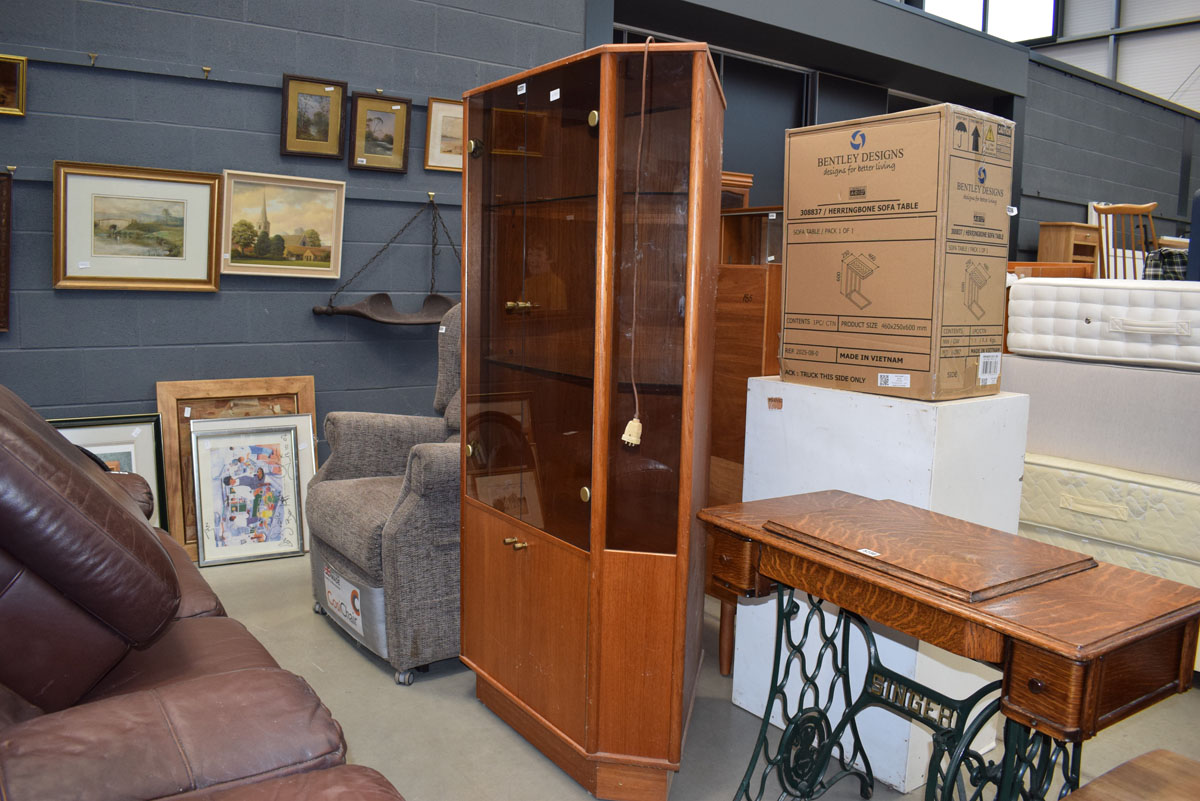 A 1980's glazed teak corner cabinet, w. 95 cm