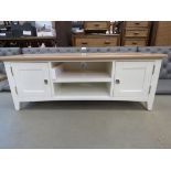 Mid size white painted oak top TV audio unit with 2 shelves and 2 single door cupboards (90)