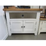 White painted oak top corner TV audio unit with shelf and double door cupboard (142)