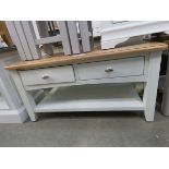 White painted oak top coffee table with 2 drawers and shelf under (91)