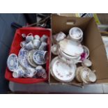 2 boxes containing a quantity of Wedgwood Blue Heritage patterned crockery, Indian tree patterned