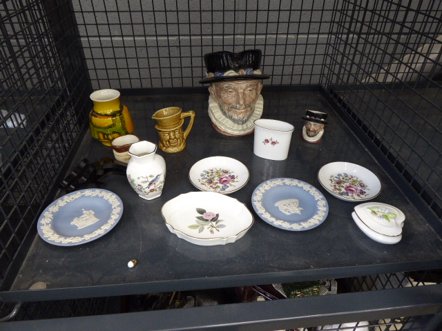 Cage containing Wedgwood and Royal Worcester trinket bowls plus jasperware and character jugs