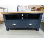 Blue painted oak top corner TV audio unit with shelf and large single drawer