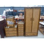 Cane and wicker bedroom suite comprising double wardrobe, narrow chest of 6 drawers, chest of 3