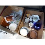 2 boxes containing stirrup cups, water jugs, glassware, general crockery and china